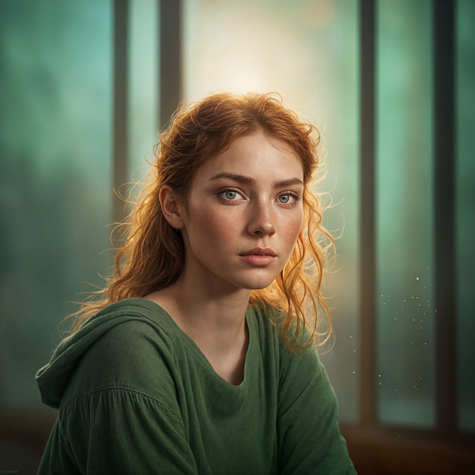 Freckled Redhead with Green Eyes, Hyperrealistic Portrait