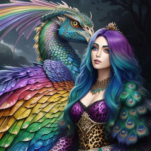 Rainbow Dragon Woman with Peacock Hair, Fantasy Art