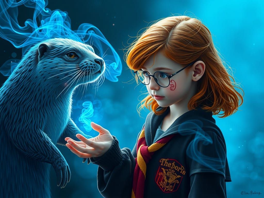 Epic Cinematic Art of Red-Haired Girl with Otter Patronus
