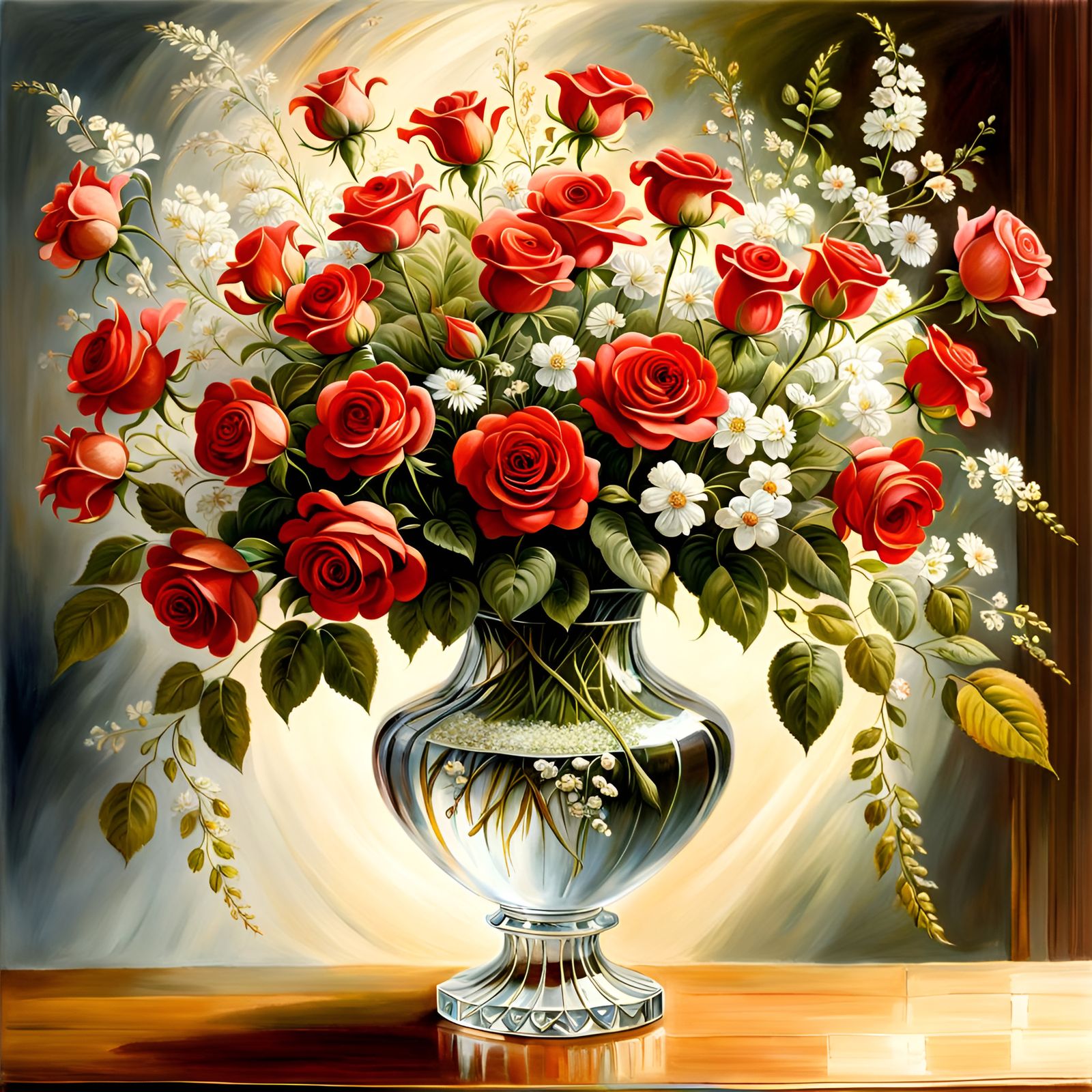 vase of roses and mother's breath flowers in a beautiful crystal vase, style of  John Constable, lady bug sits on a leaf...