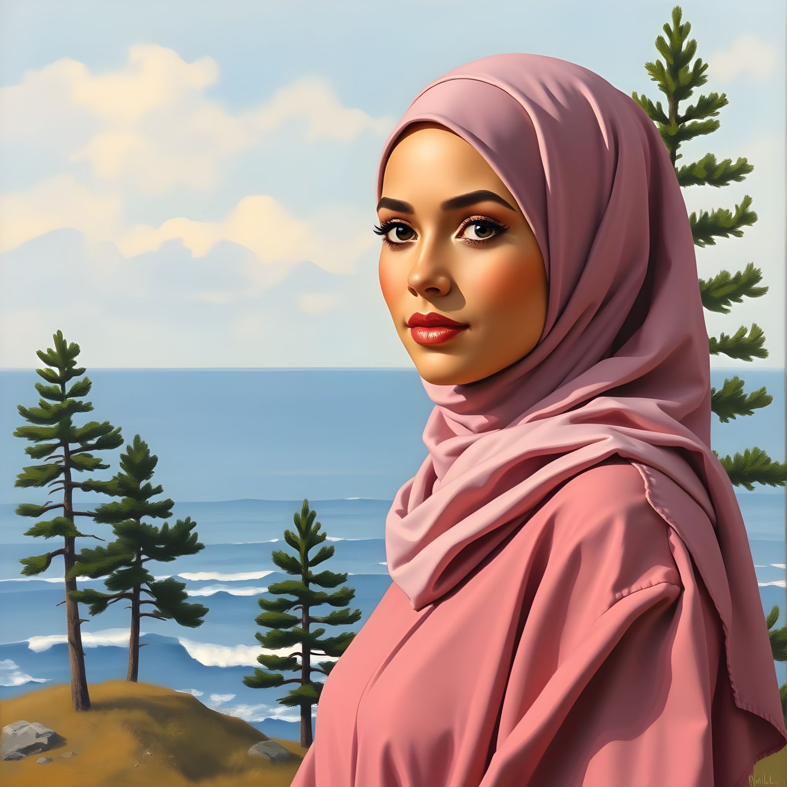 Finnish Woman in Hijab: Modern Oil Painting