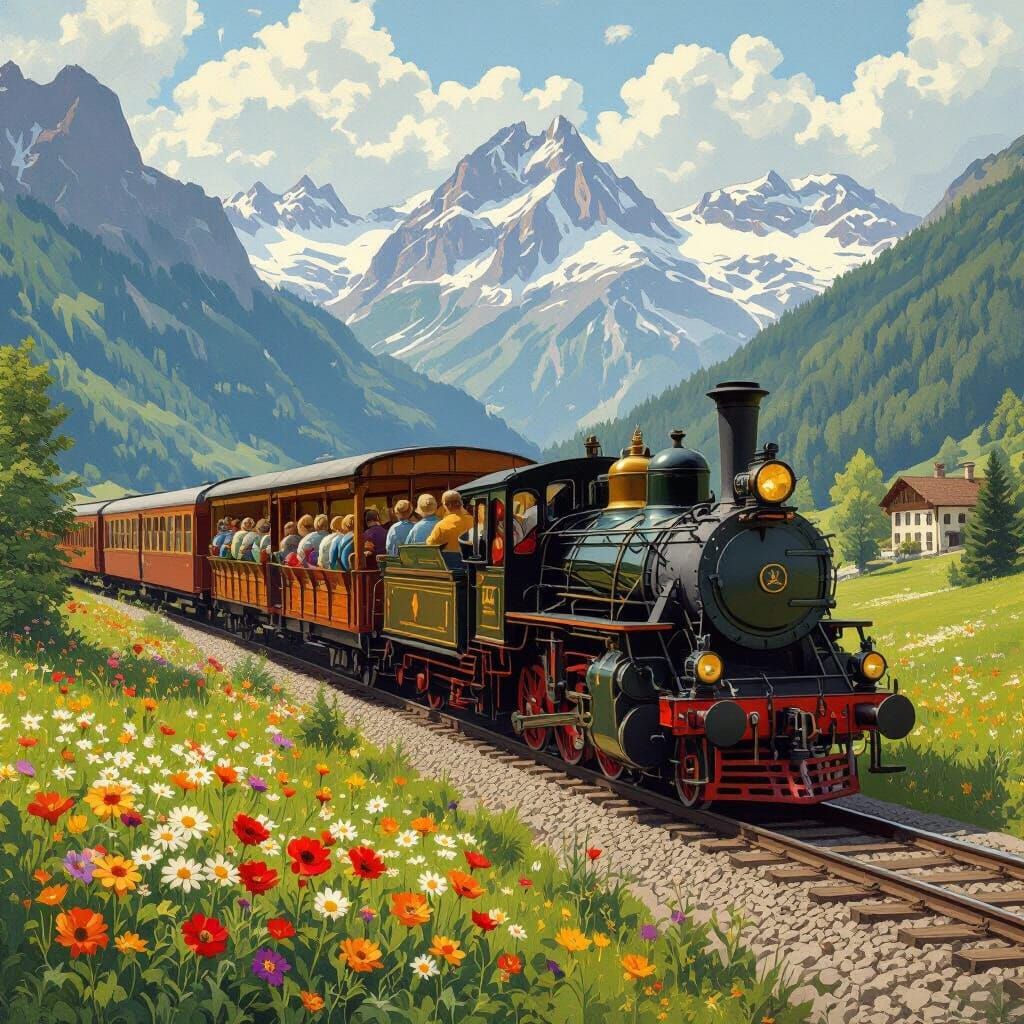 Swiss Train Journey in Spring, Illustrative Style