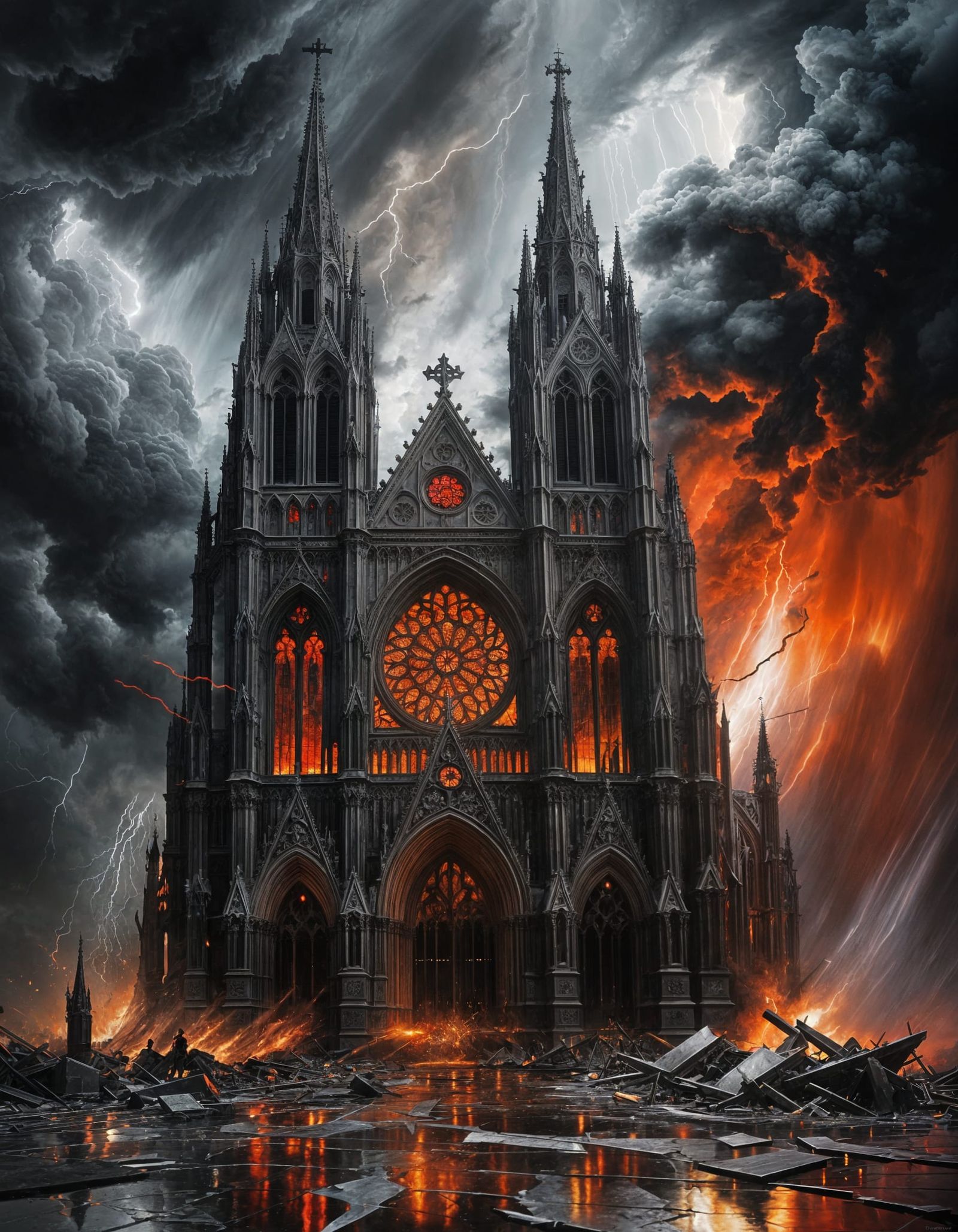 Gothic Cathedral and Tornado in Impasto Style