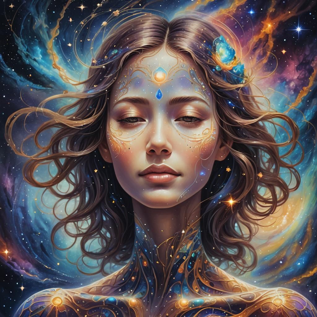 Serene Figure with Cosmic Heartbeat in Surreal Art