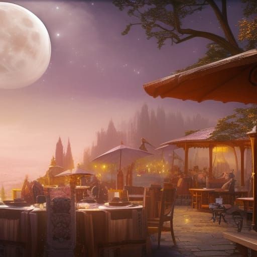 Moonlit Terrace: Detailed Matte Painting in Deep Color