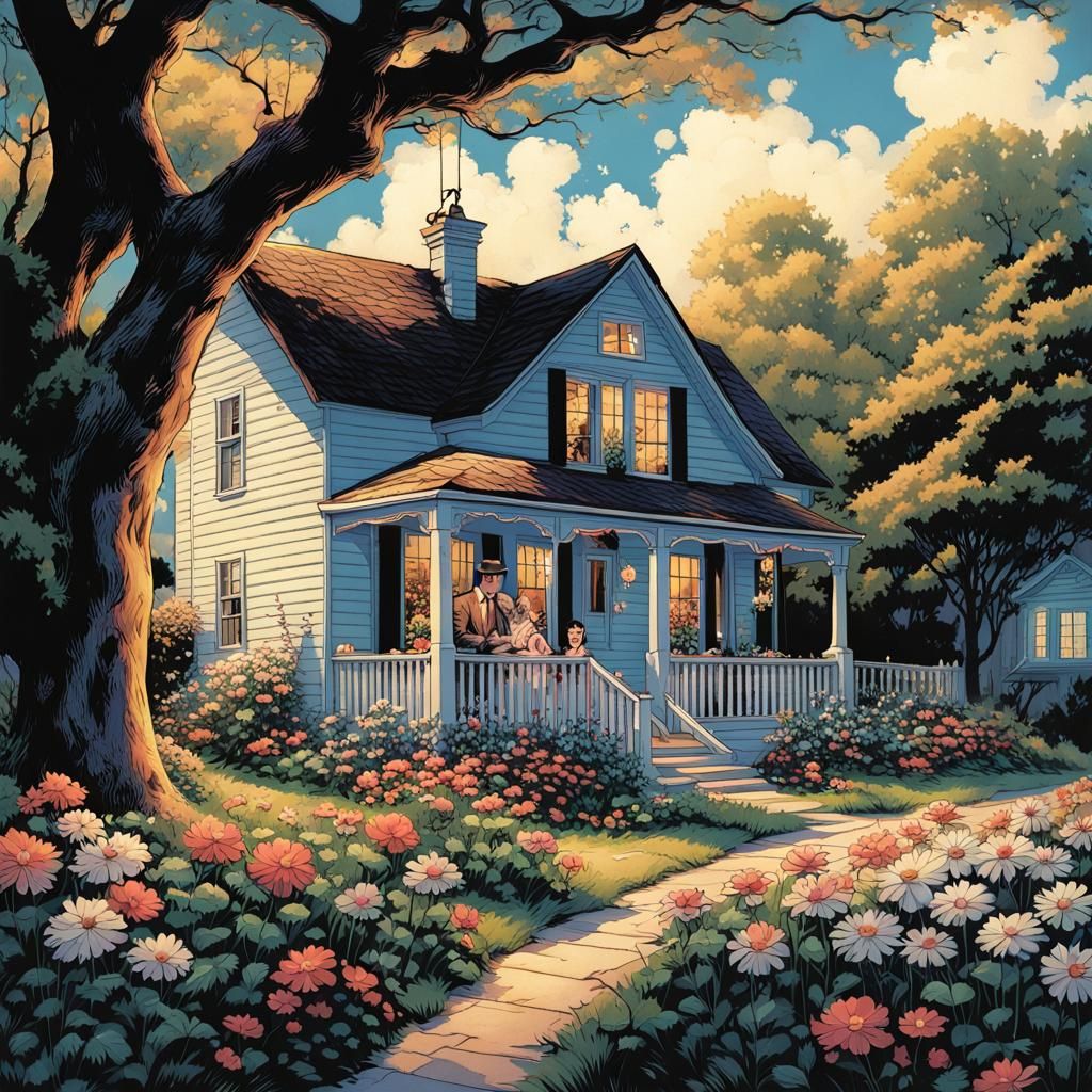 Charming Cottage Scene with Couple in Comic Art Style