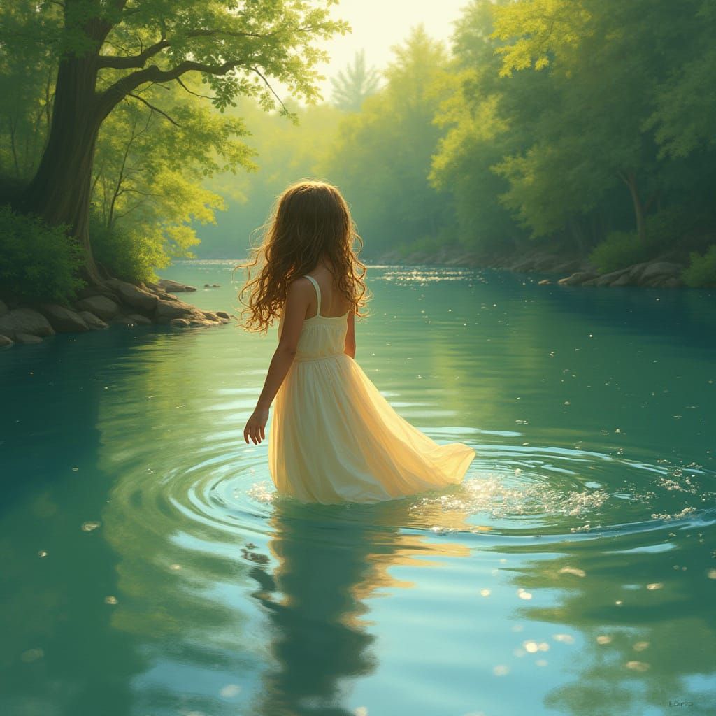 Girl Swimming in Lake: Watercolor Art Style