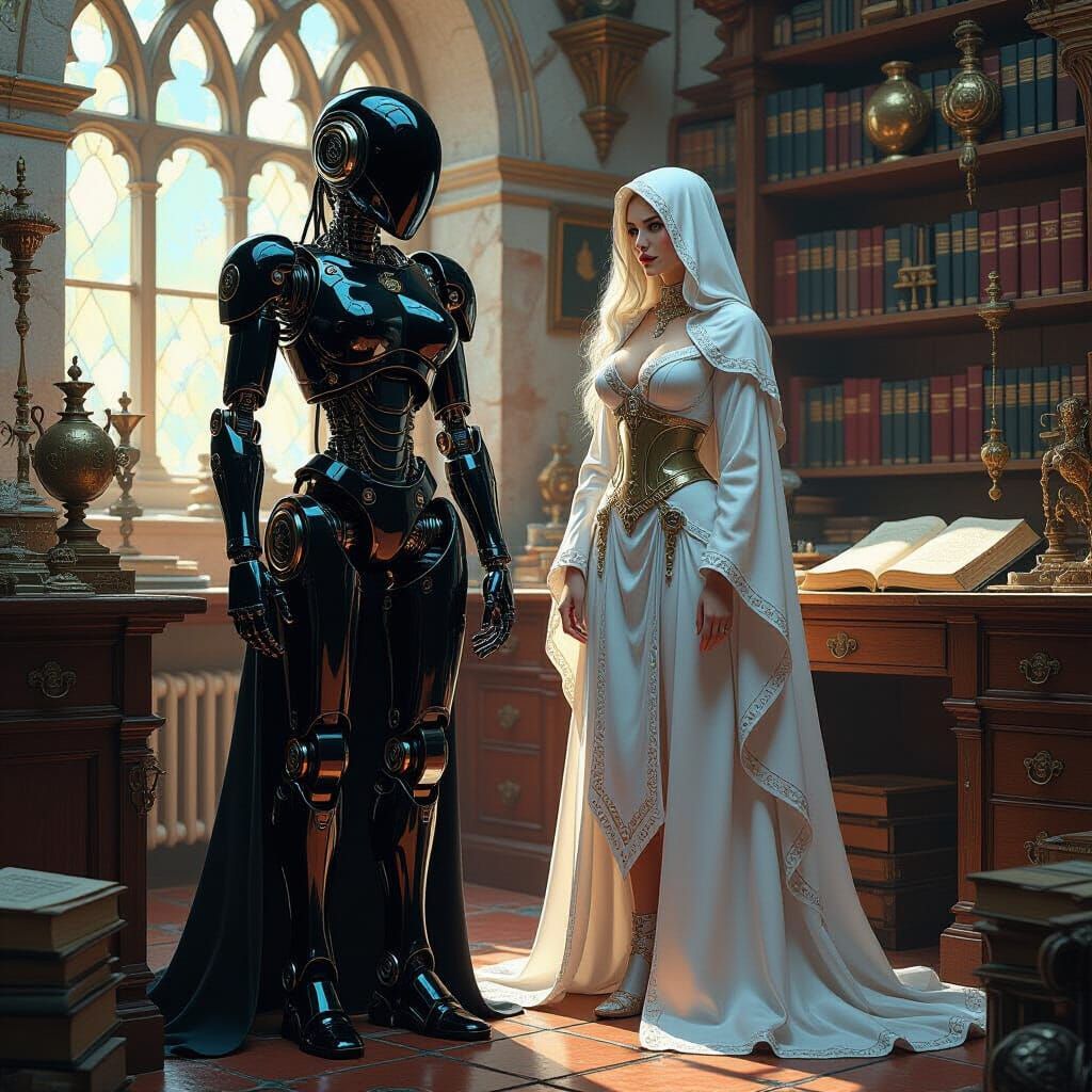 Obsidian Robot and Elf Mage in Fantasy Lab