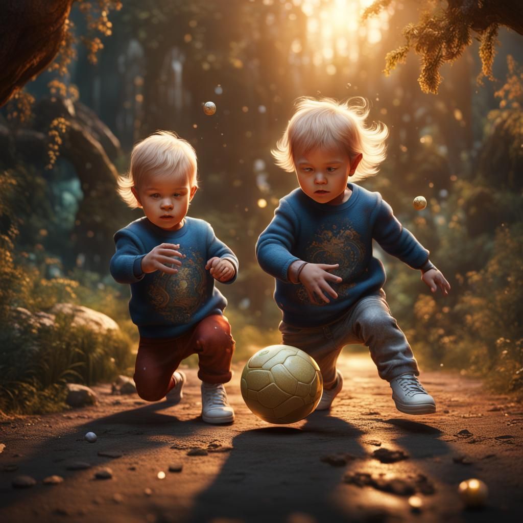 Twin Toddlers Play: Detailed Fantasy Concept Art