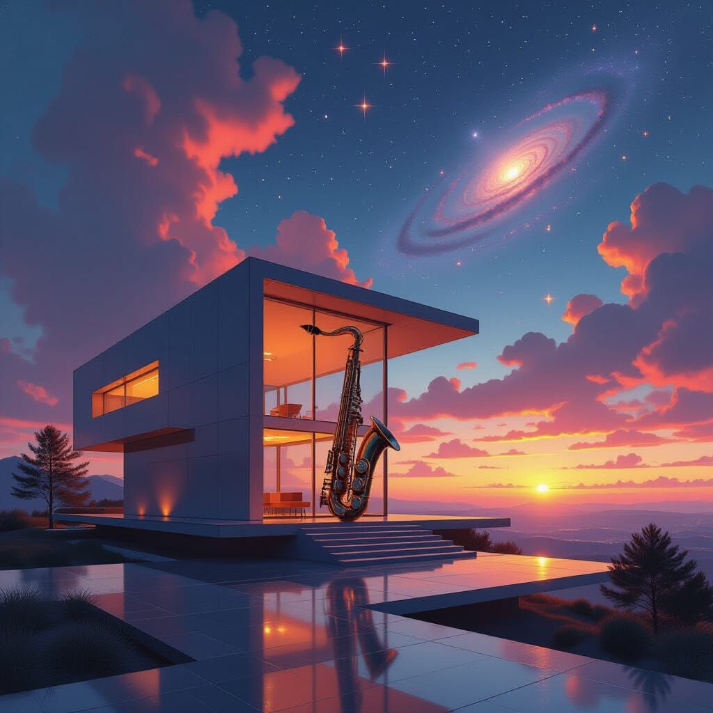 Futuristic Glass House with Giant Saxophone on Alien Planet