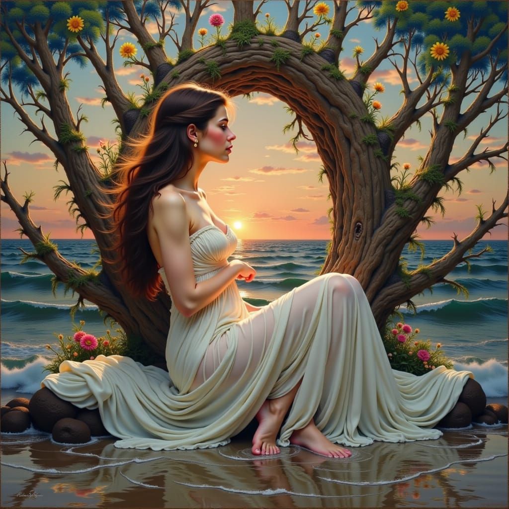 Serene Woman on Beach at Sunset in Mucha Style