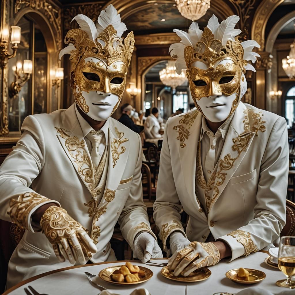 Venetian Masks: Hyperrealistic Couple in Fine Dining