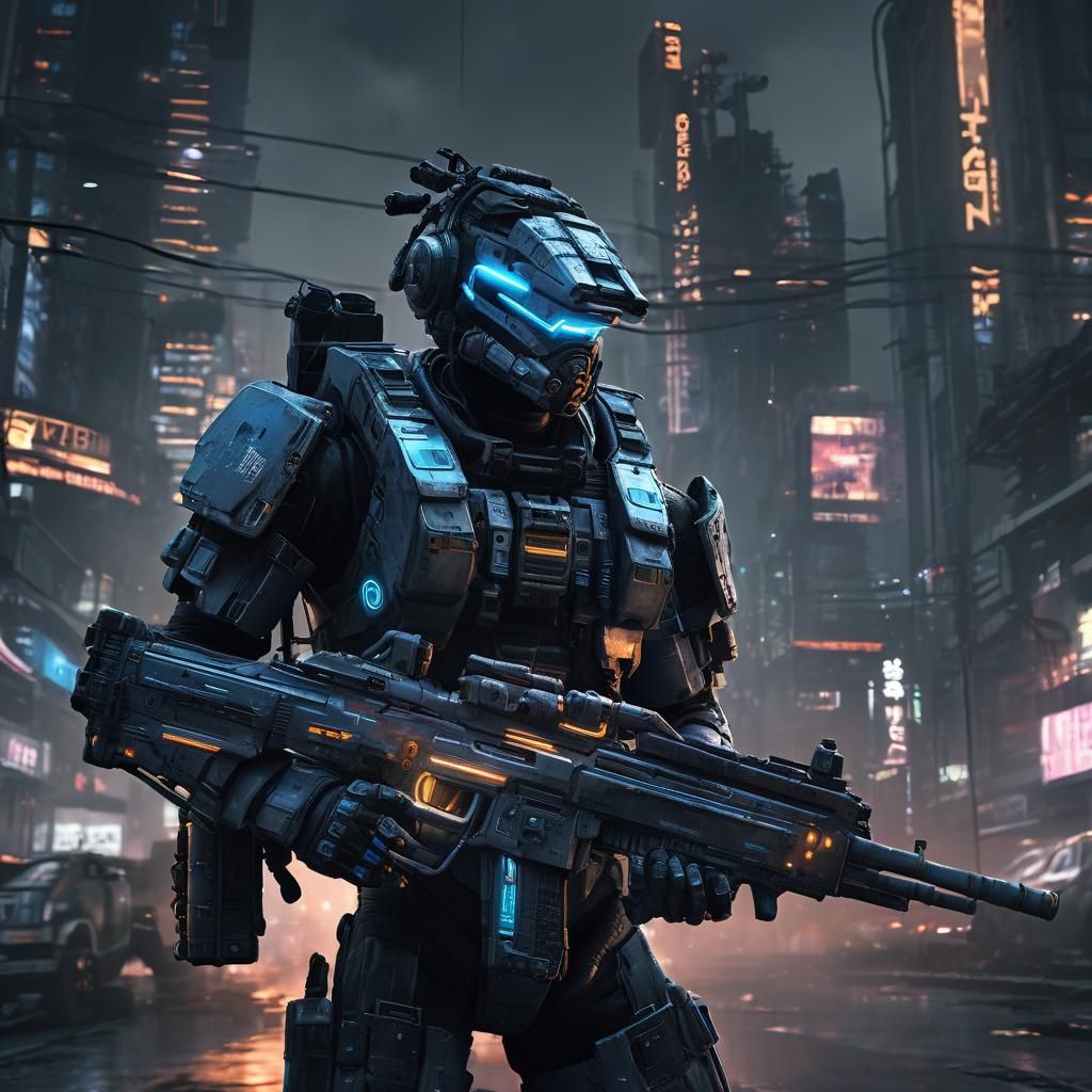 Cyberpunk Titanfall Pilot in Post-Apocalyptic City