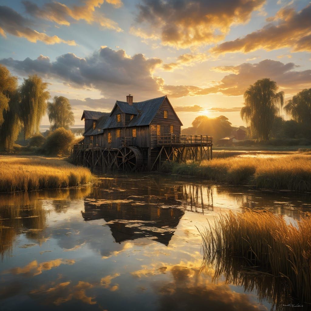 Sunset Over Rustic Watermill River Landscape Painting