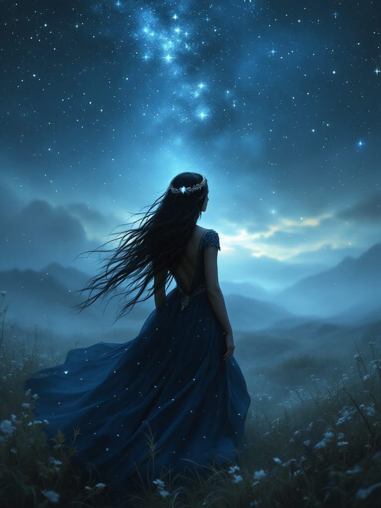 Norse Goddess Bíl on Misty Moor Under Starry Sky