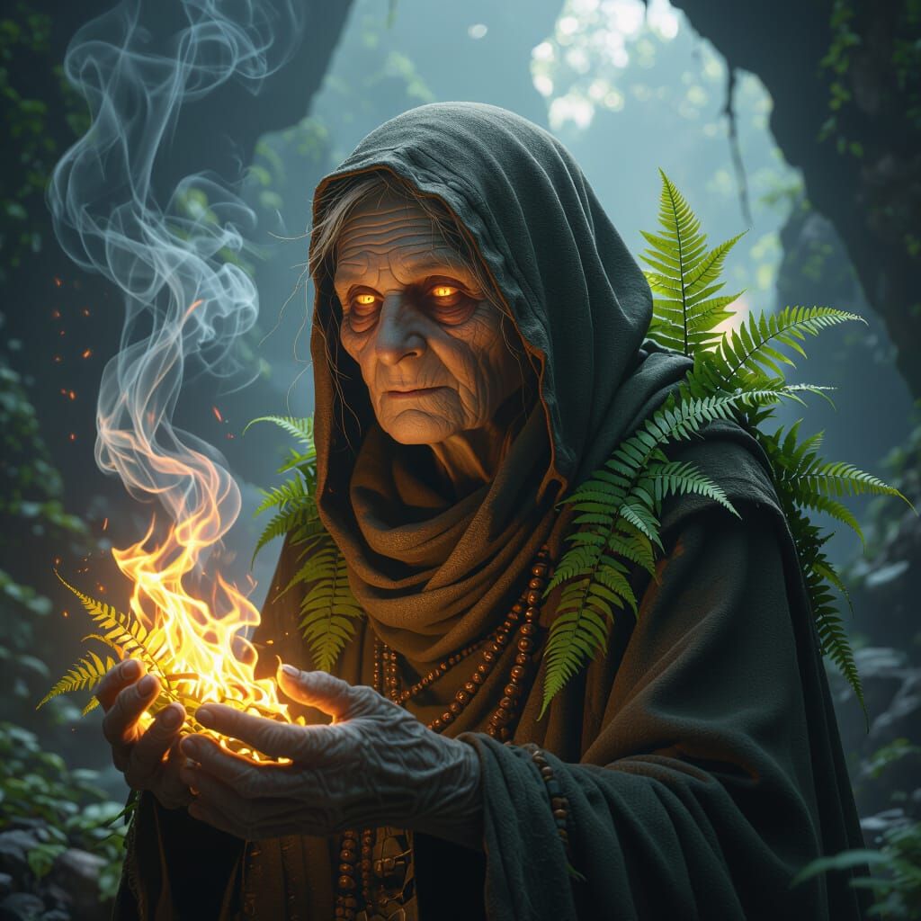 Old Hermit Wreathed in Glowing Smoke: Dark Fantasy