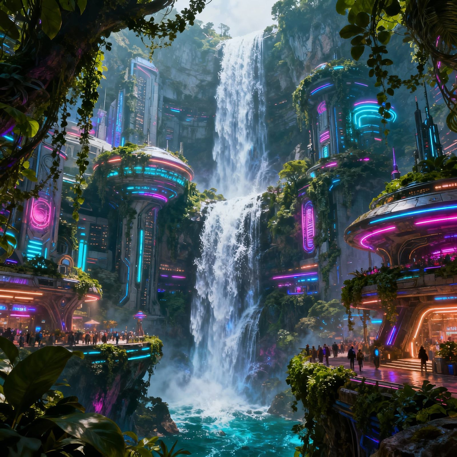 Majestic Waterfall in Fantastical Urban City