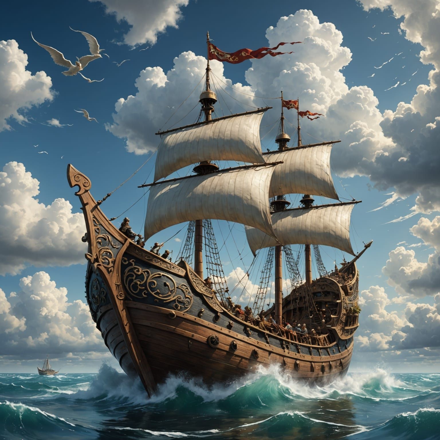 Viking Ship on Open Seas in Fantasy Style