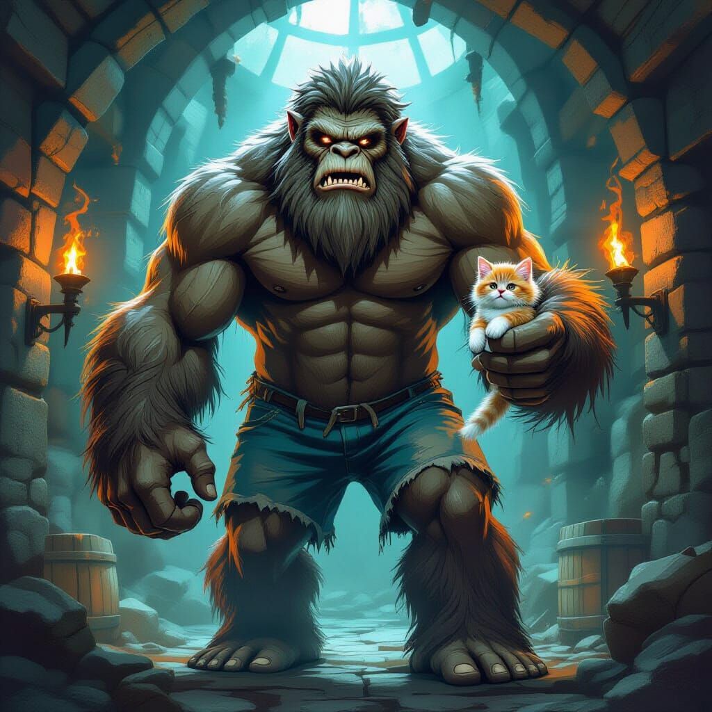 Intimidating Sasquatch Holds Fluffy Kitty in Torchlit Dungeo...
