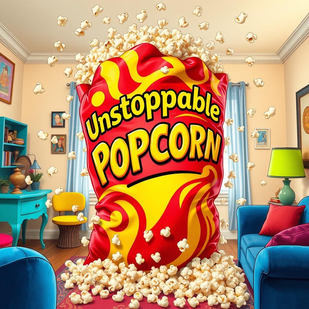 Giant Popcorn Bag in Surreal Cartoon Kitchen