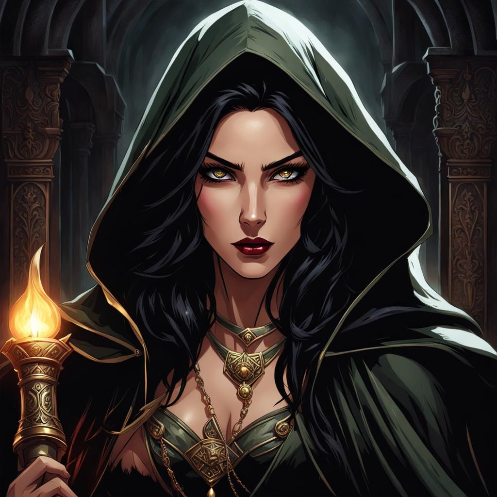 Vistani Rogue in Gloomy Temple, Comic Art Style