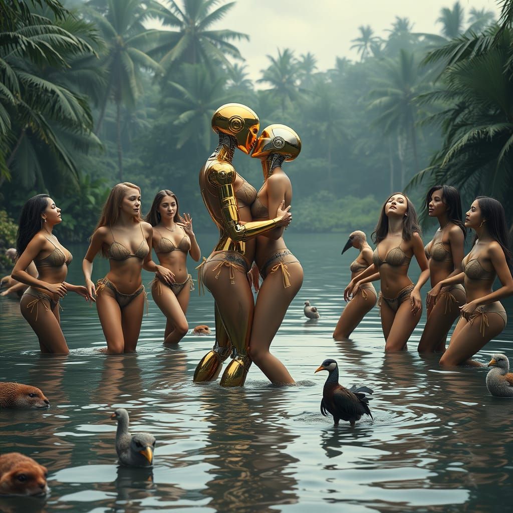 Wild Young Women and a Golden Robot Dance in a Tropical Jung...