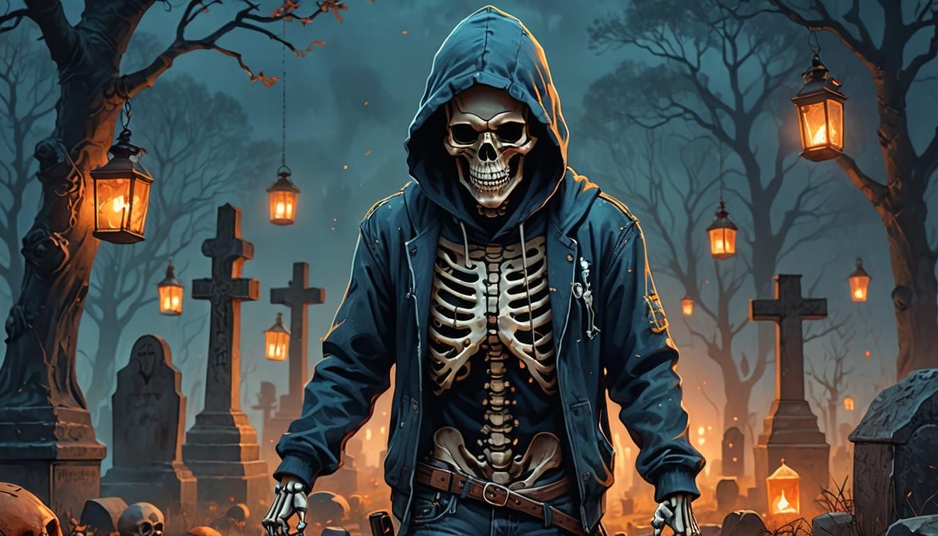 Skeleton Walks Through Misty Cemetery: Dark Fantasy Art