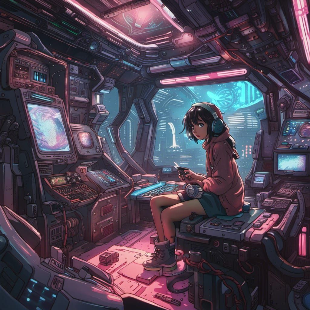 Anime Girl Gaming in Futuristic Cityscape