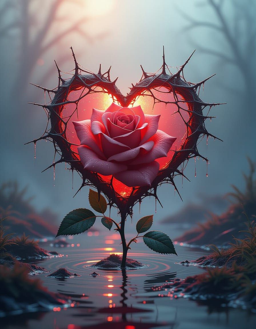 Water Droplet Rose and Cobweb Heart in Dramatic Light