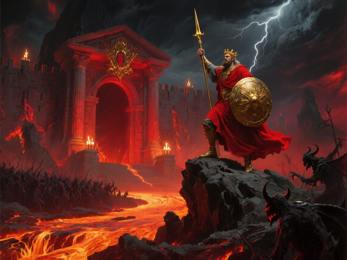 King Raises Spear Before Pandemonium Fortress