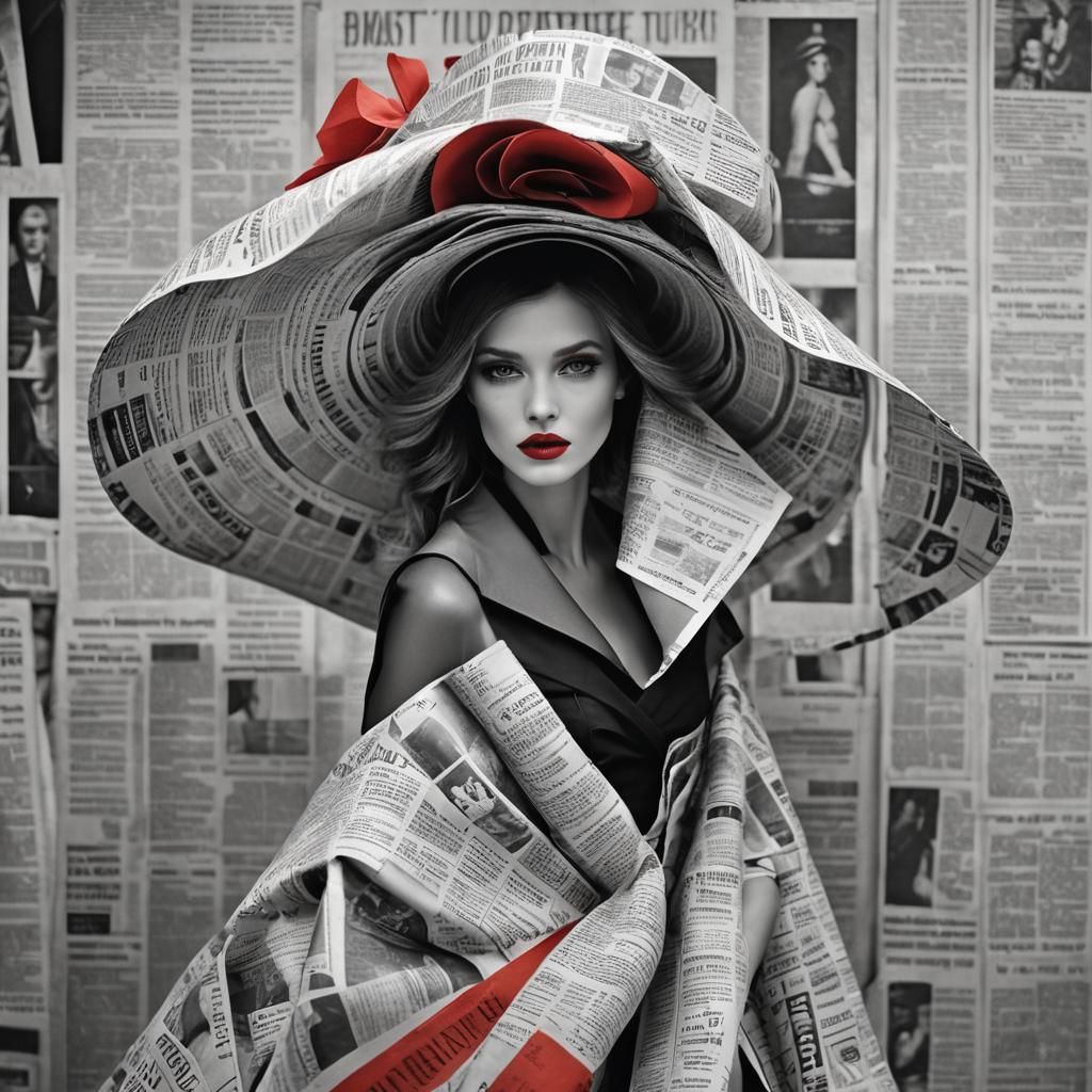 Elegant Model in Newspaper Hat, Red Colorsplash Photography