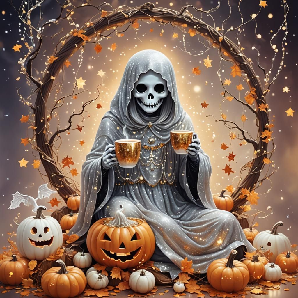 Cute Ghost Drinking Coffee: Glitter Fantasy Art