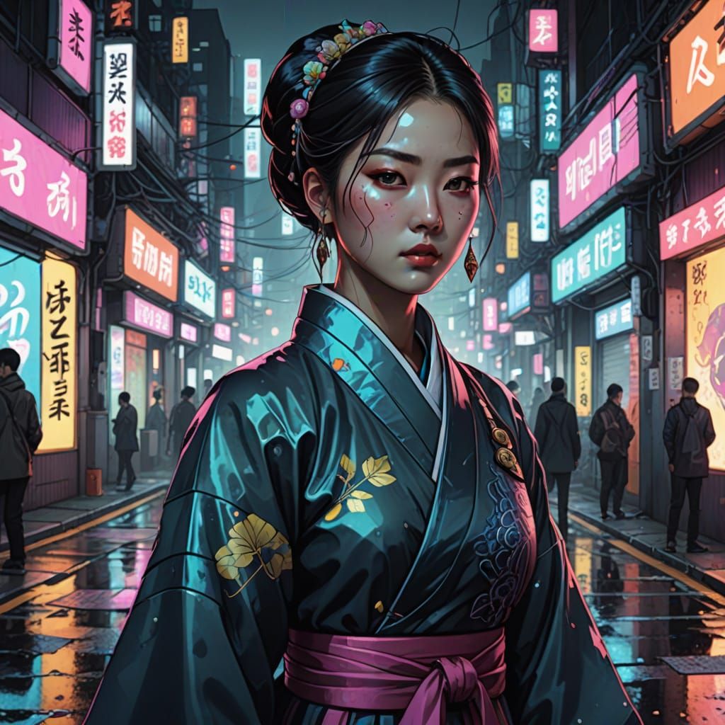 Woman in Hanbok with Cybernetics in Neon City