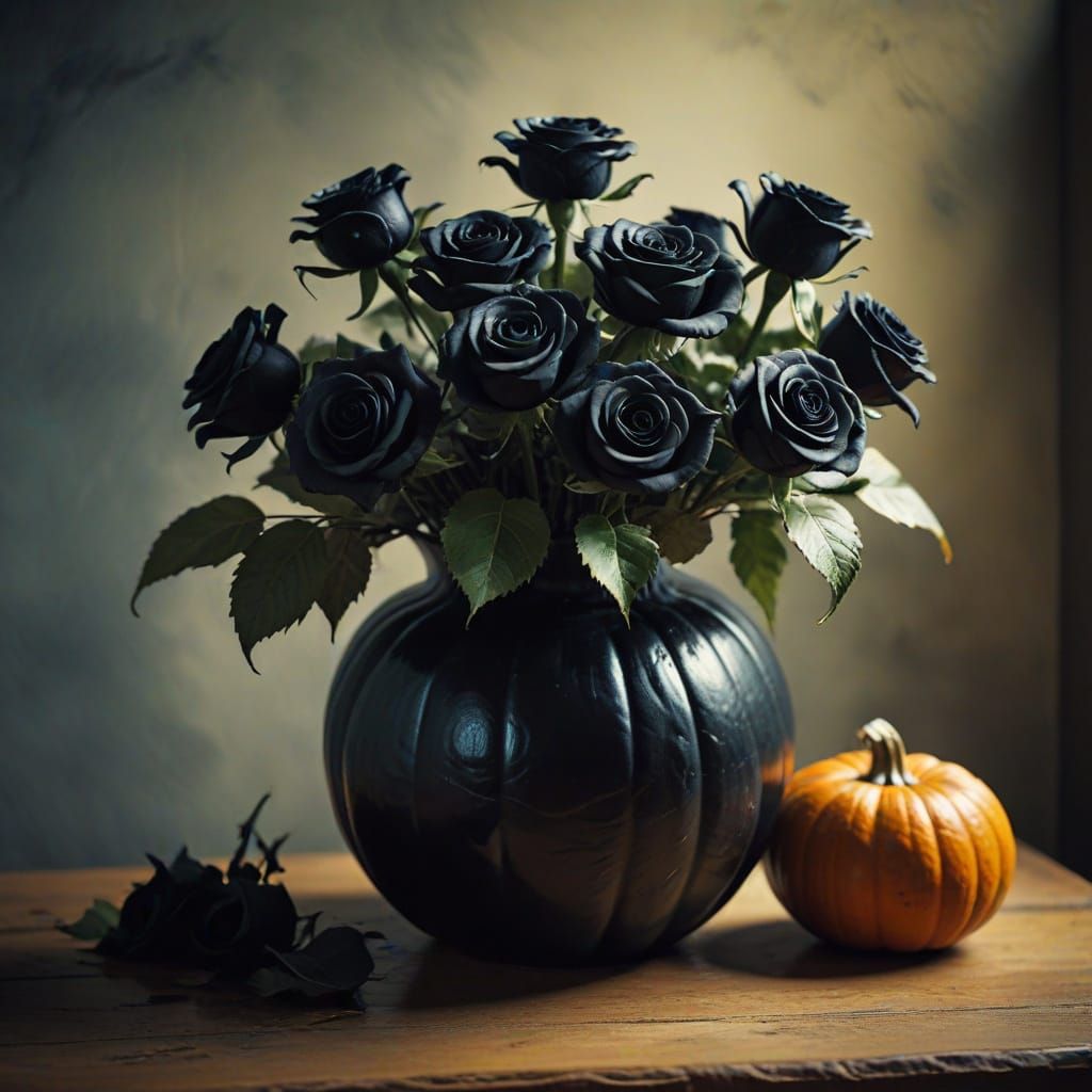 black roses in a pumpkin vase