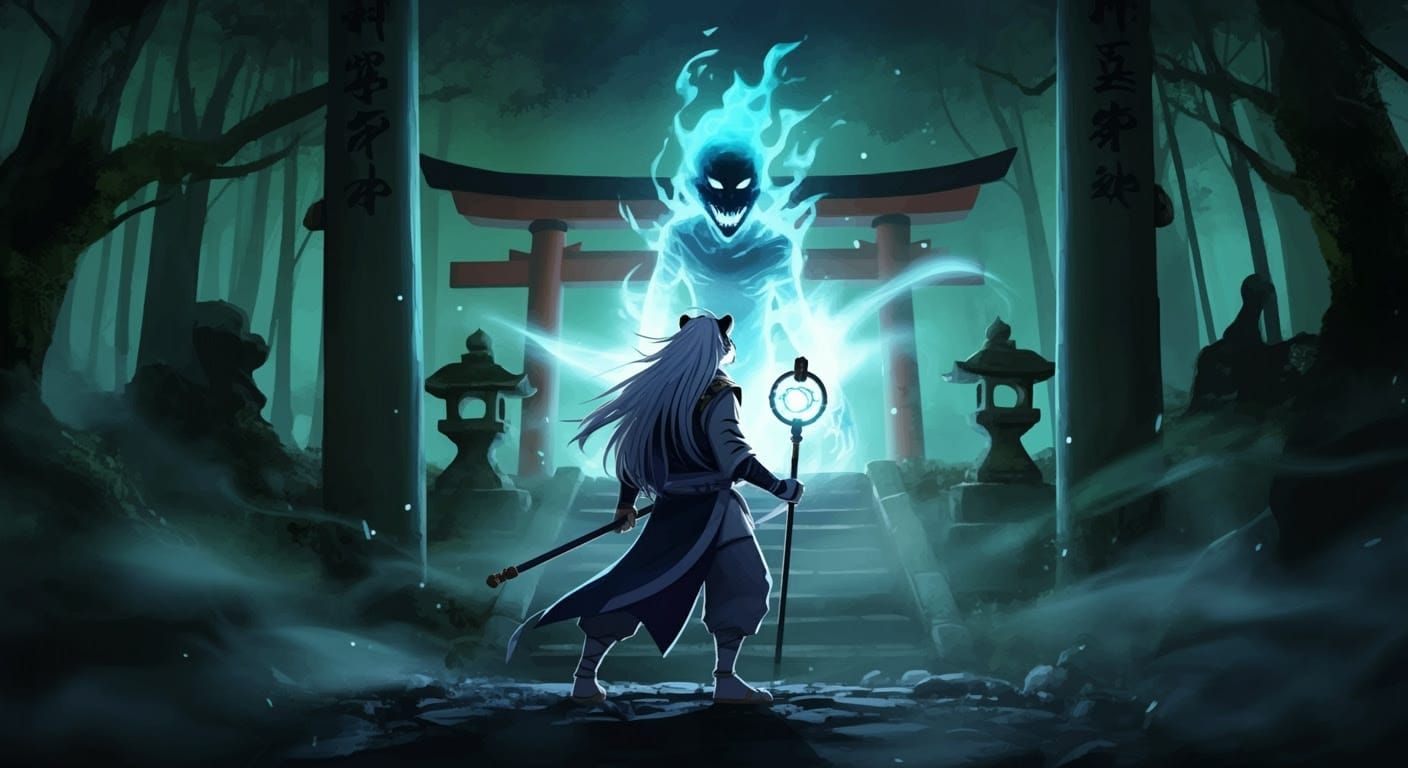 Anime-Style Onmyoji Monk Battles Yokai in Haunted Forest