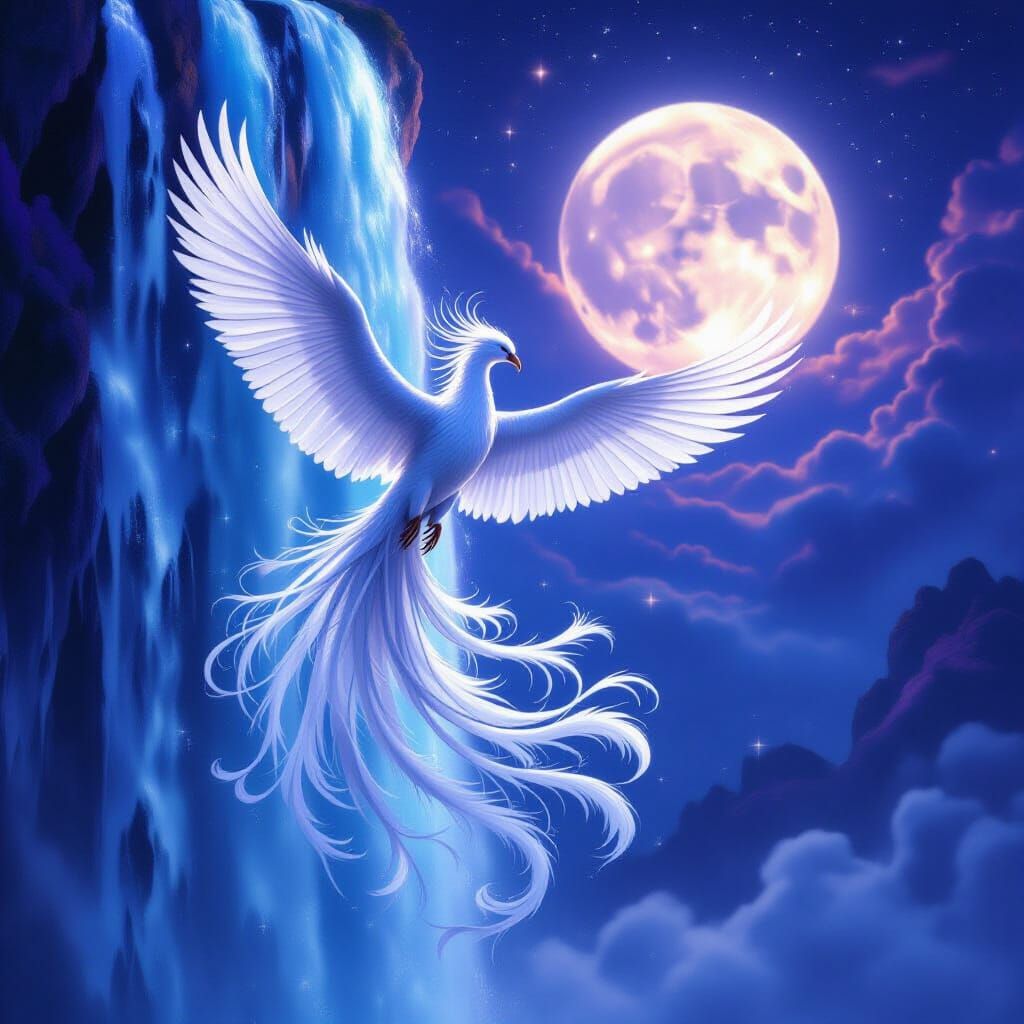 Majestic White Phoenix Soars by Starlight Waterfall