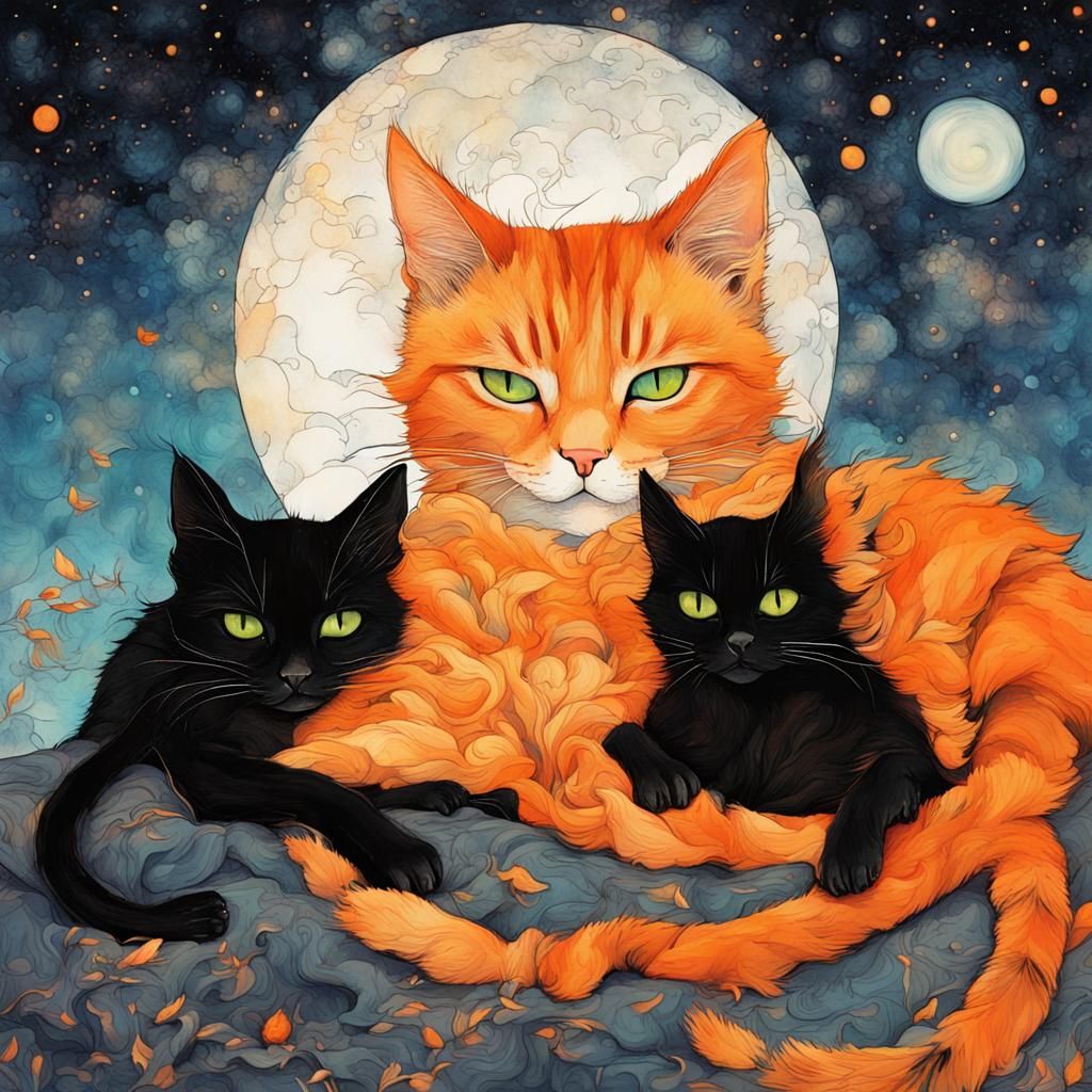 Sleeping Cats Fantasy Illustration with Astral Patterns