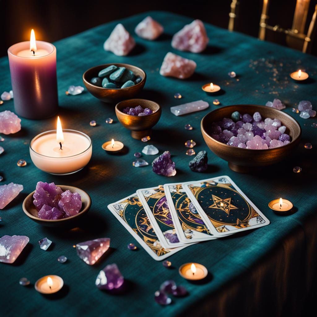 Mystical Tarot Cards with Crystals in Dark Academia Style
