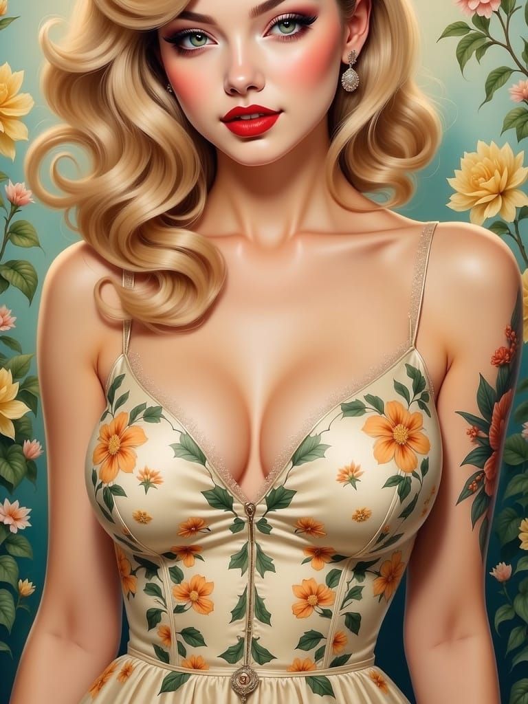Sensual Art Nouveau Pinup in Hyper-Realistic Detail