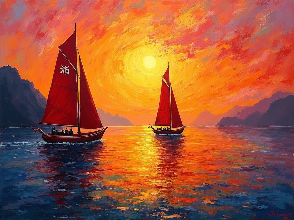 Spectacular Sunset Seascape with Traditional Chinese Sailing...