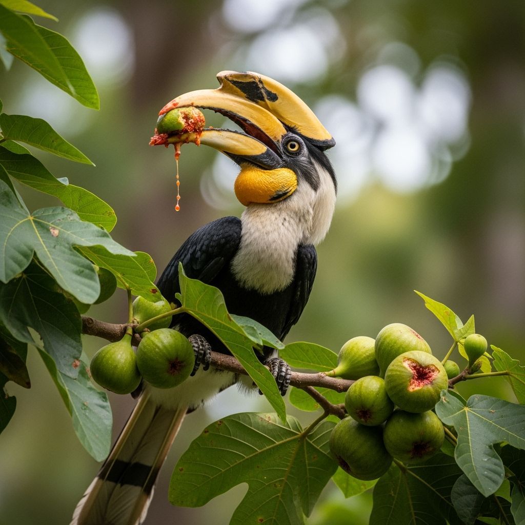 Trumpeter Hornbill Savoring a Ripe Fig in Rainforest