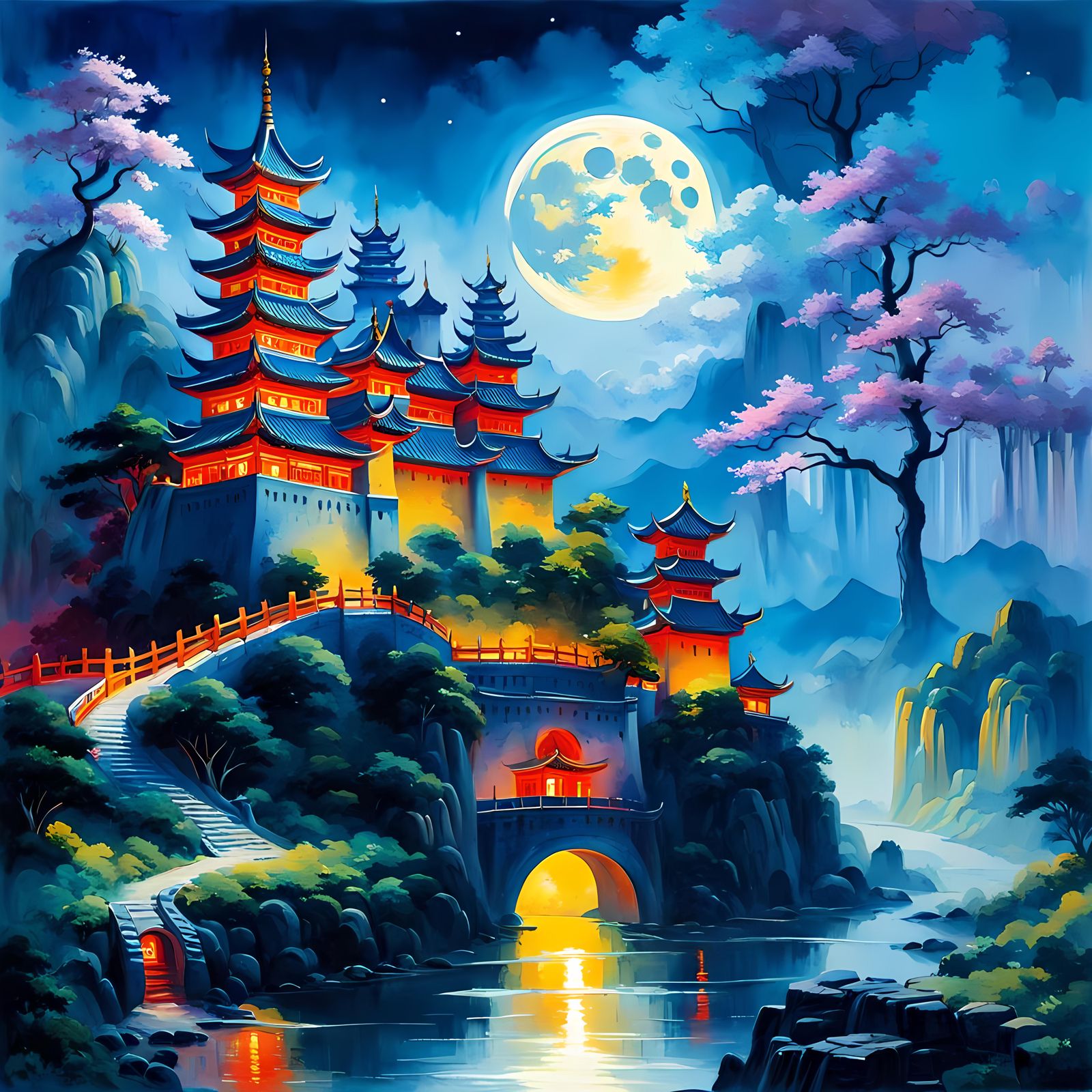 Futuristic Chinese Castle in Gouache Style