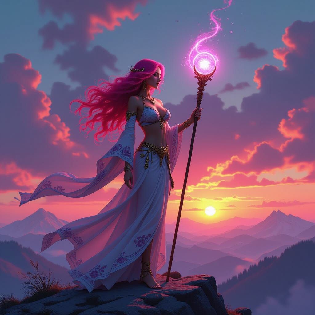 Pink-Haired Sorceress at Sunset: Hyperrealistic Fantasy Art