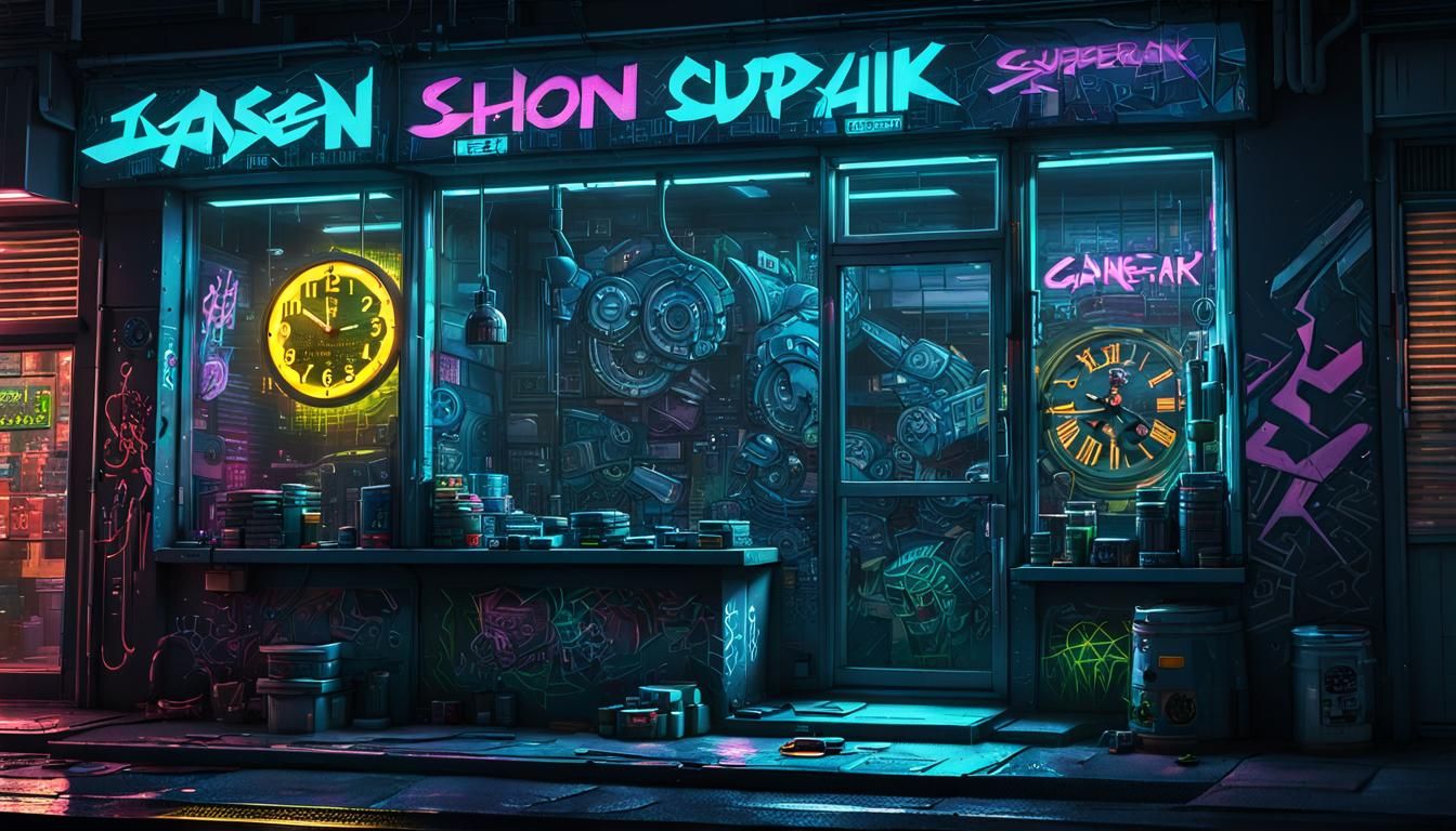Cyberpunk Clock Shop Window at Night