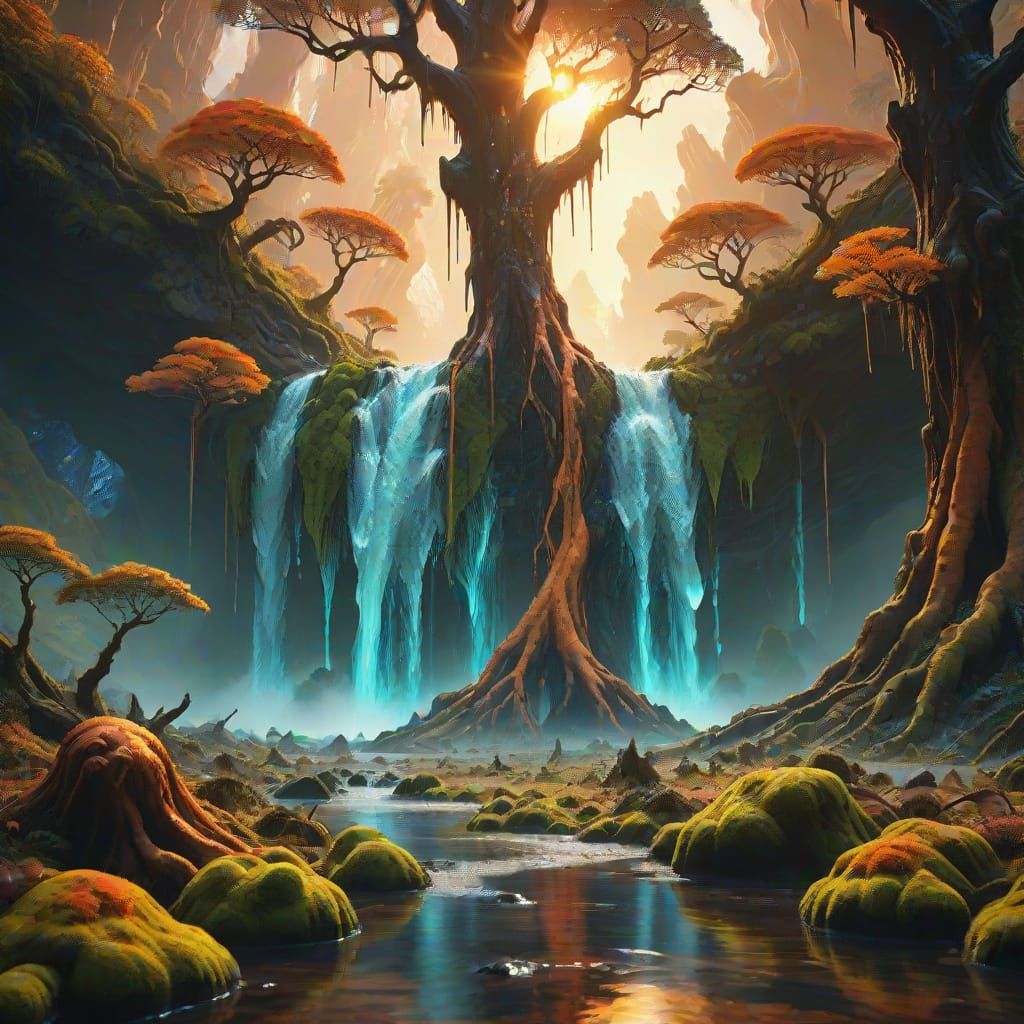 Alien Planet with Copper Rivers and Giant Trees