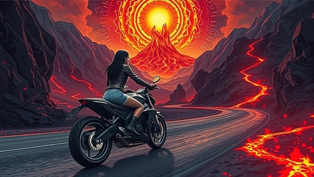 Motorcycle Ride Through Volcanic Galaxy Landscape