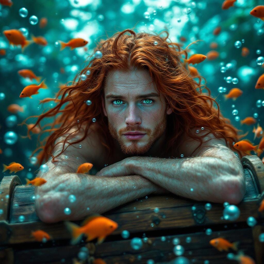 Long Red-Haired Merman with Treasure Chest