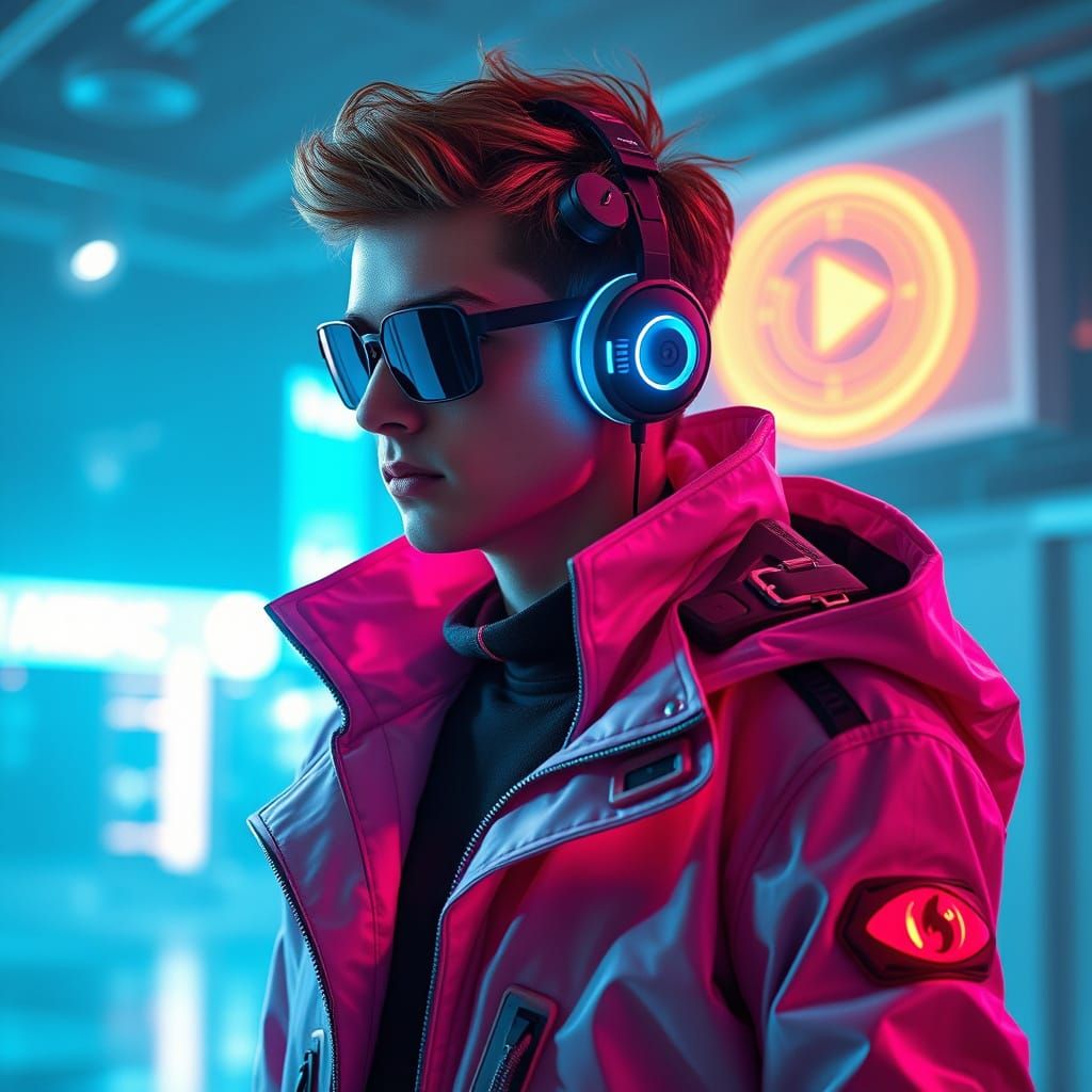 Futuristic Man Controls Brain via Bluetooth in Sci-Fi Style