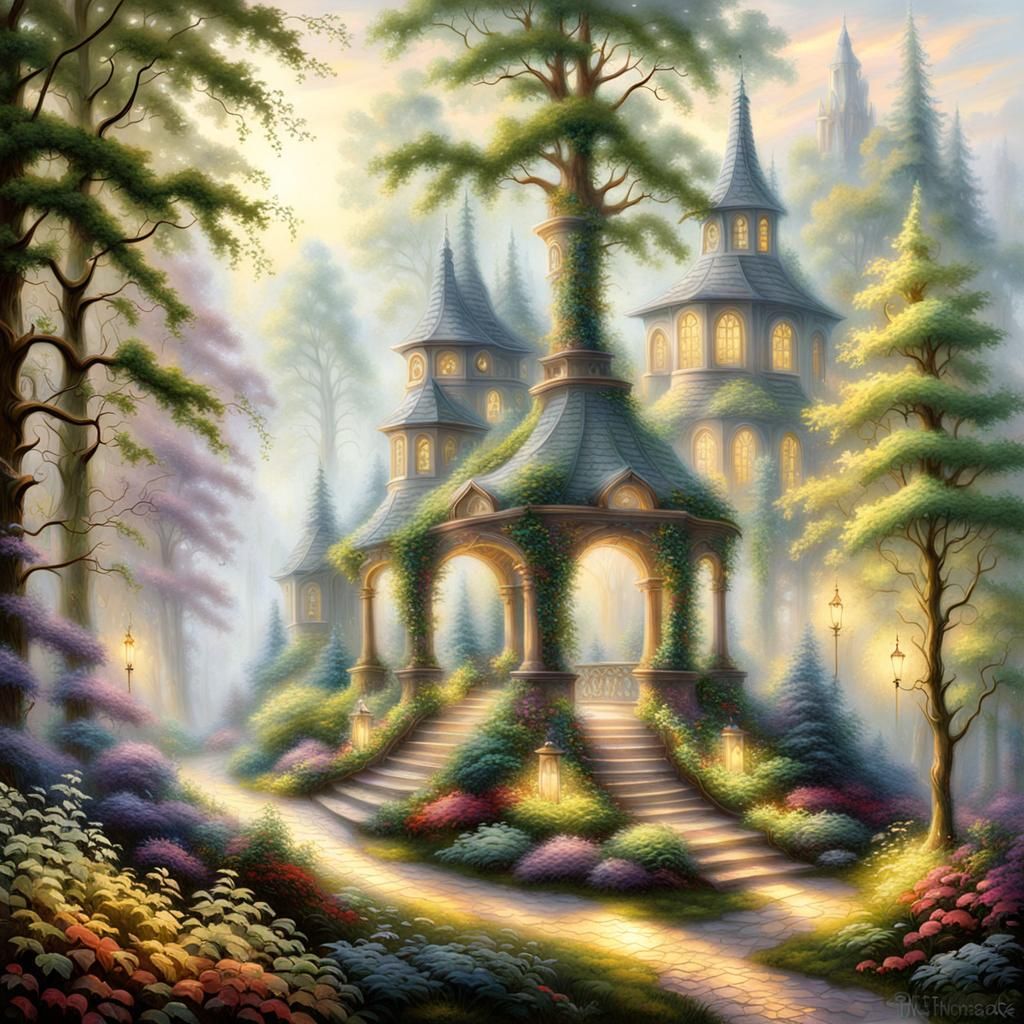 Ethereal Magical Park Deep in Misty Woods
