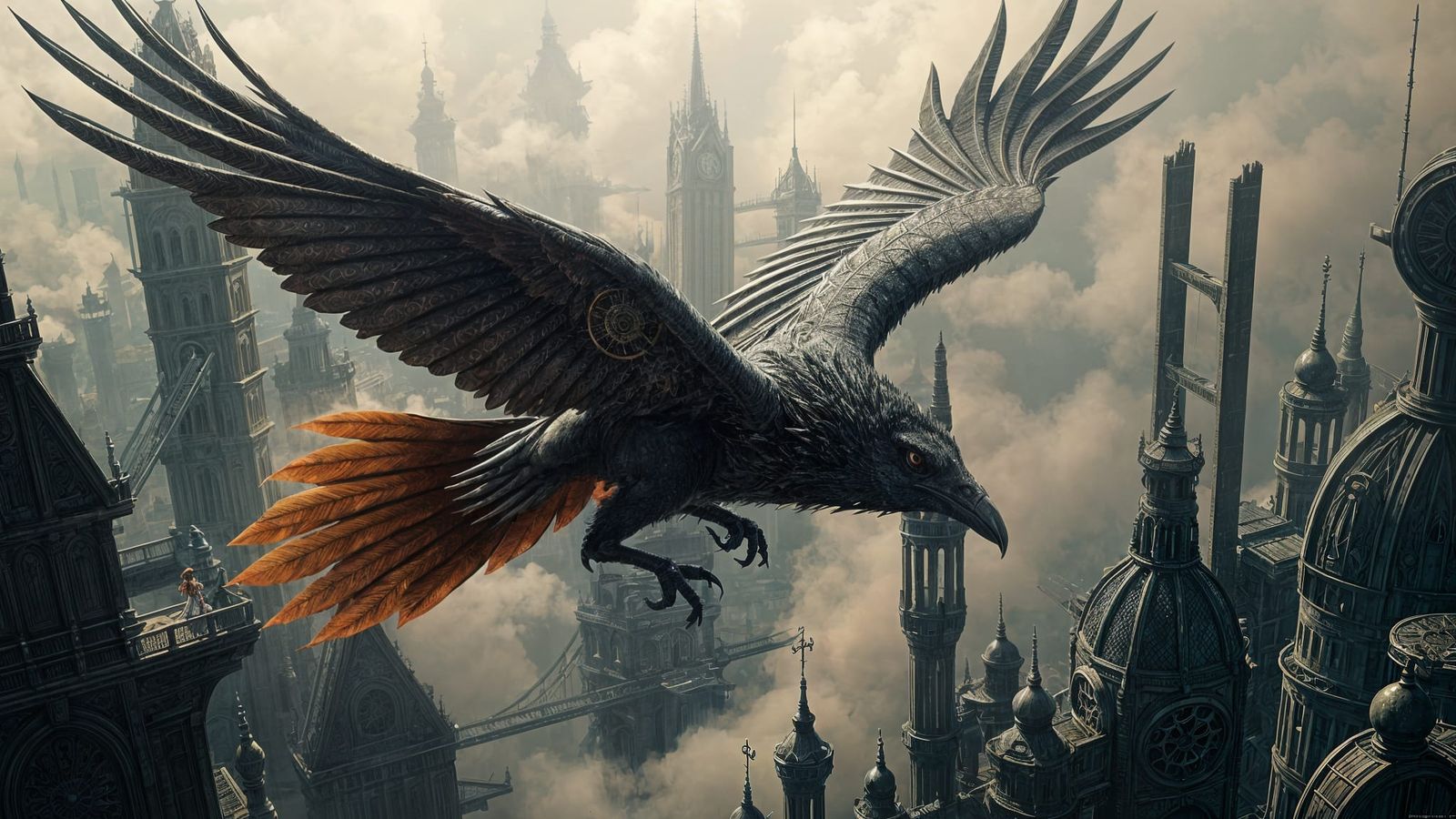 Clockwork Raven Over Steampunk Metropolis in Nouveau Style